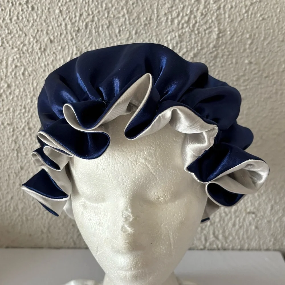 Reversible Satin Sleep Bonnet – Navy Blue & Silver – Extra Large, Elastic Fit